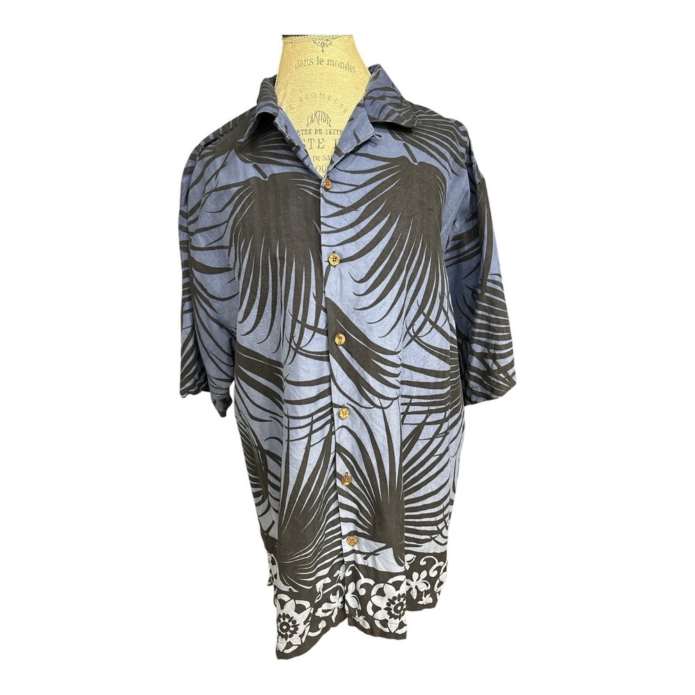 VTG Tommy Bahama Blue Ombre Palm Leaf Print Silk Aloha Hawaiian Camp Shirt L